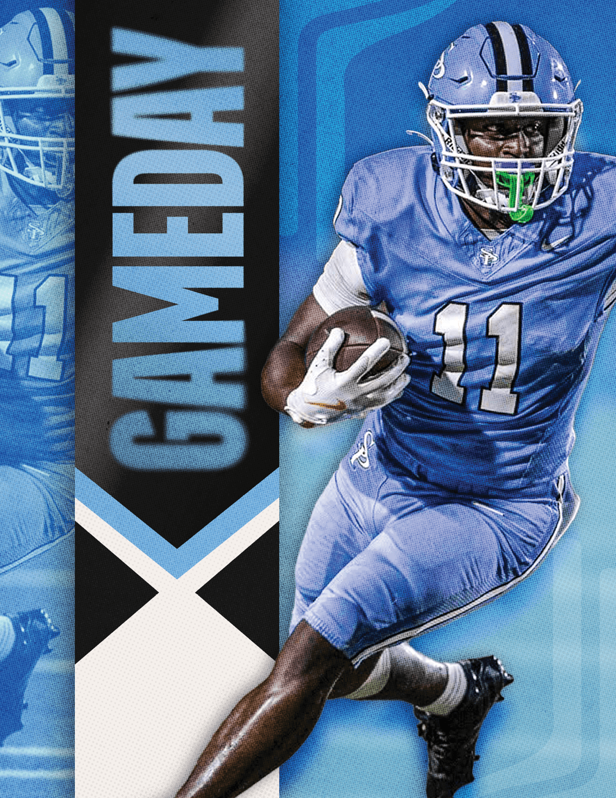 A football player in a blue uniform is running with a football in his hand. AI generated content