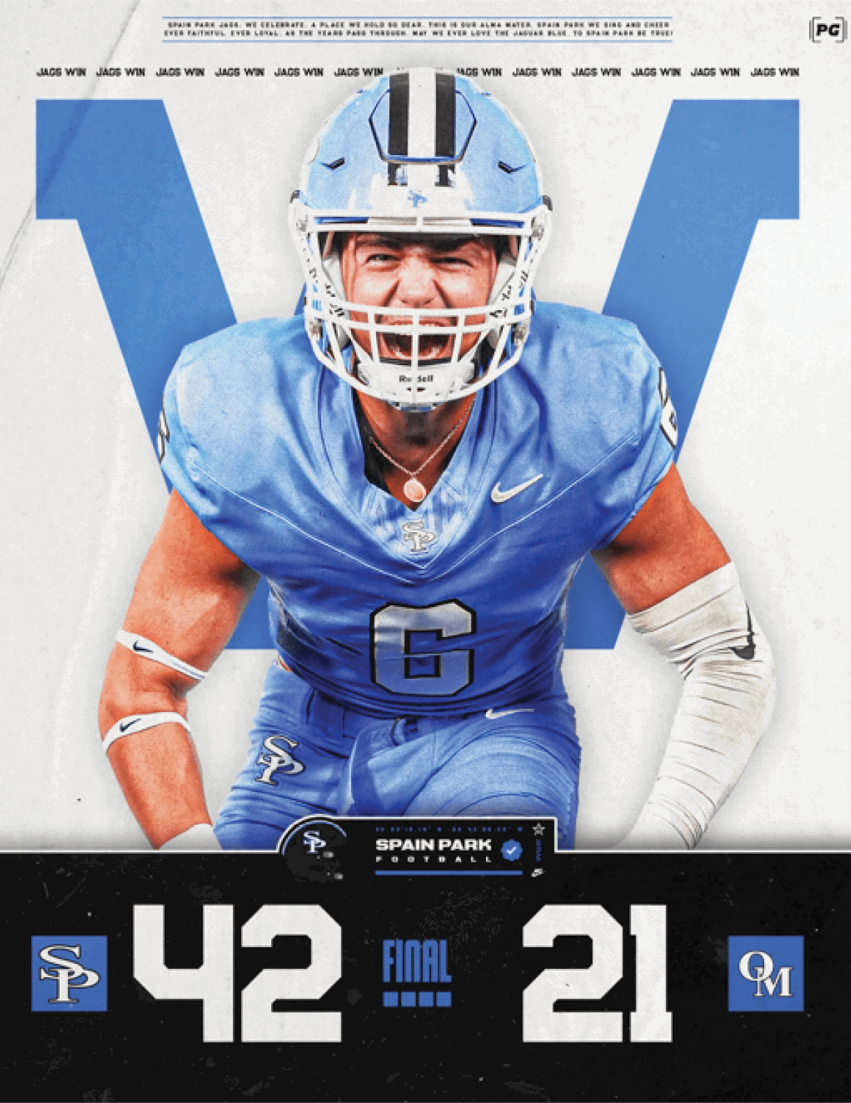 A person in a blue football uniform with a helmet is celebrating energetically in front of a large blue letter W with a scoreboard below showing a final football score. Description generated by AI