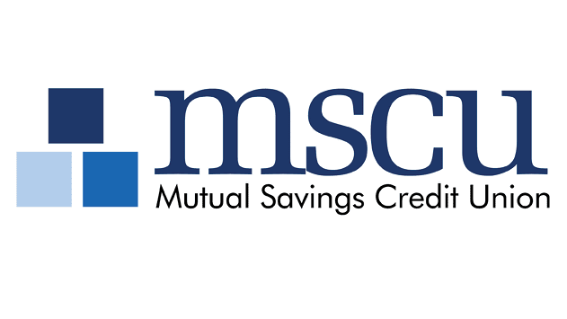 The logo features three blue squares arranged in an L shape next to the text “mscu" in large lowercase letters with "Mutual Savings Credit Union" written below in smaller font. Description generated by AI