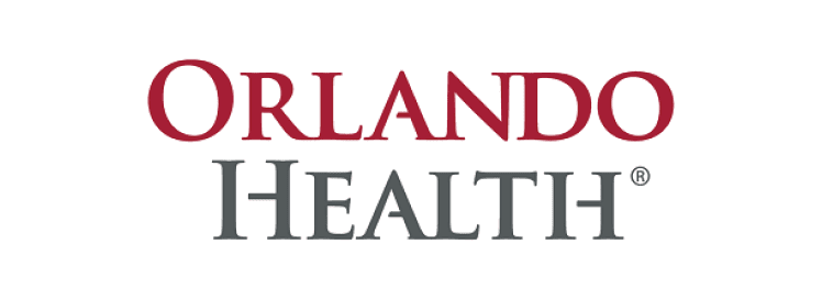 The logo features the word “Orlando" in large red serif font above the word "Health" in smaller gray serif font with a registered trademark symbol. Description generated by AI