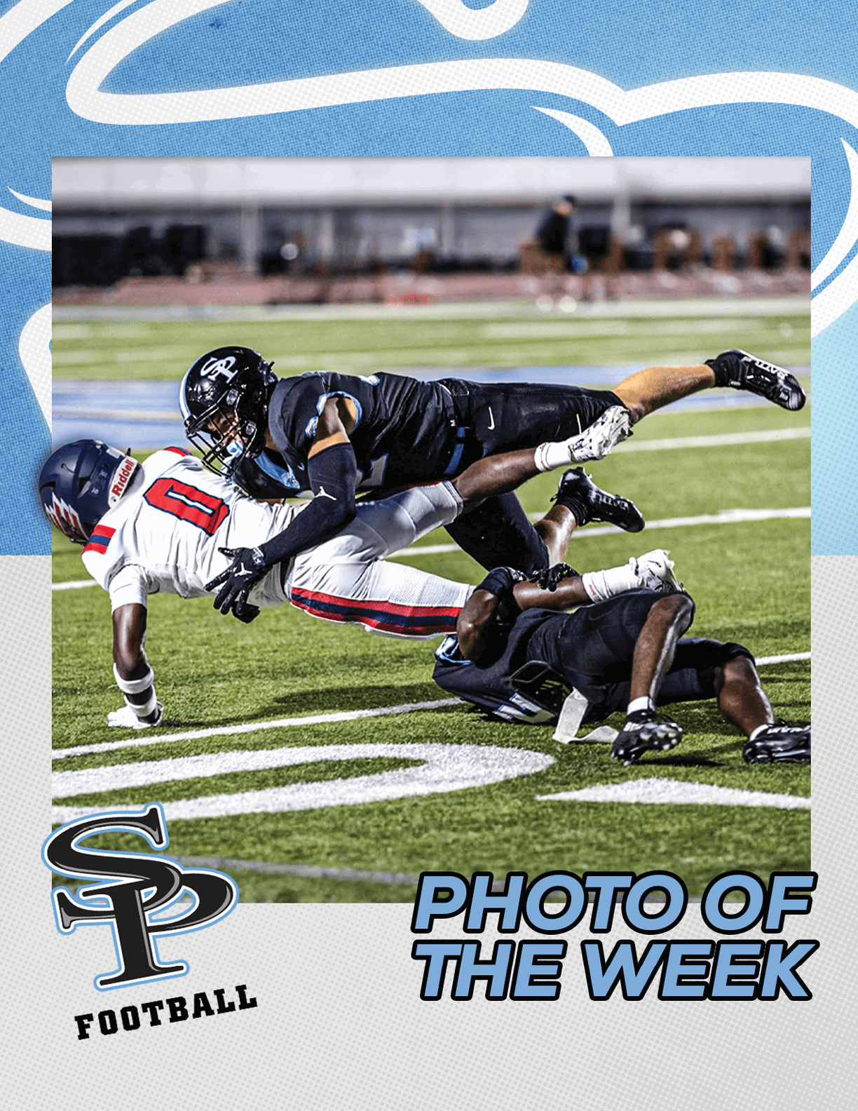 A football player in a black uniform is tackling a player in a white uniform on a green field during a game with the text “SP Football Photo of the Week" displayed. Description generated by AI
