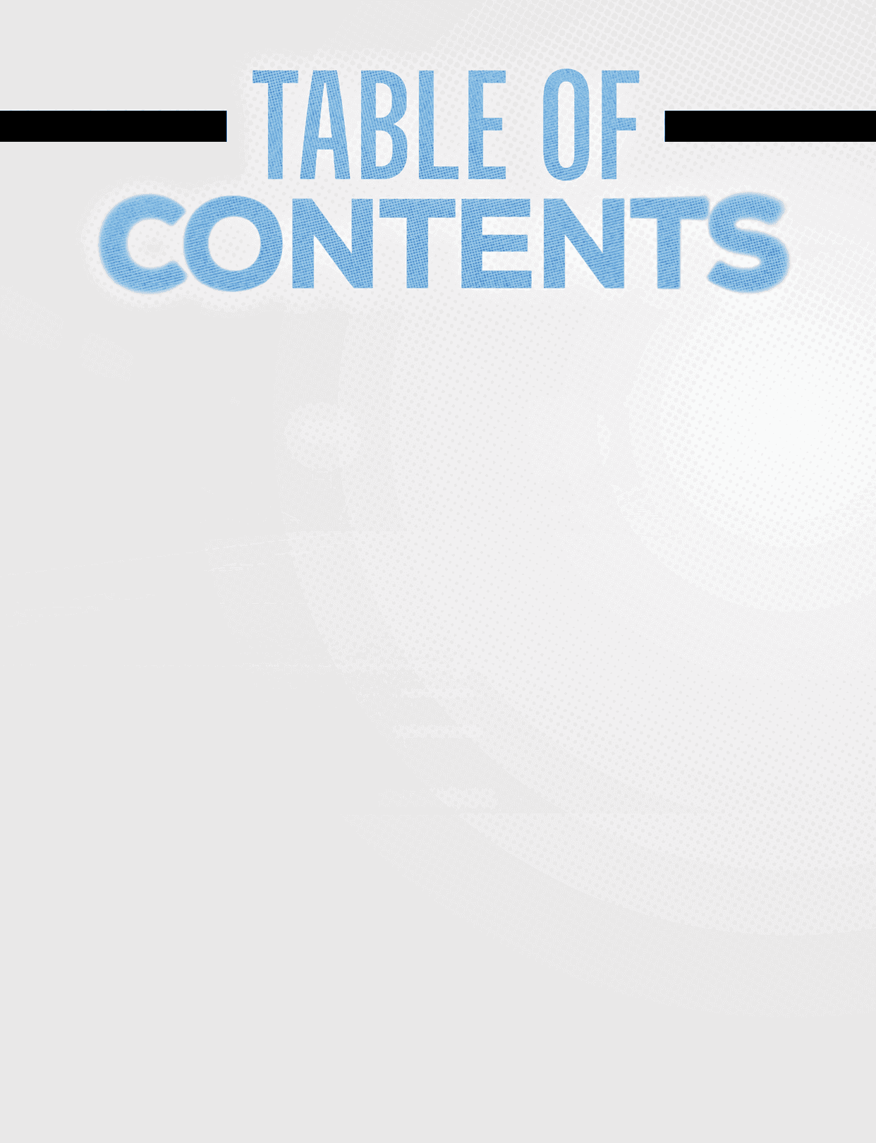A blank table of contents with the words “Table of Contents" written in blue. AI generated content