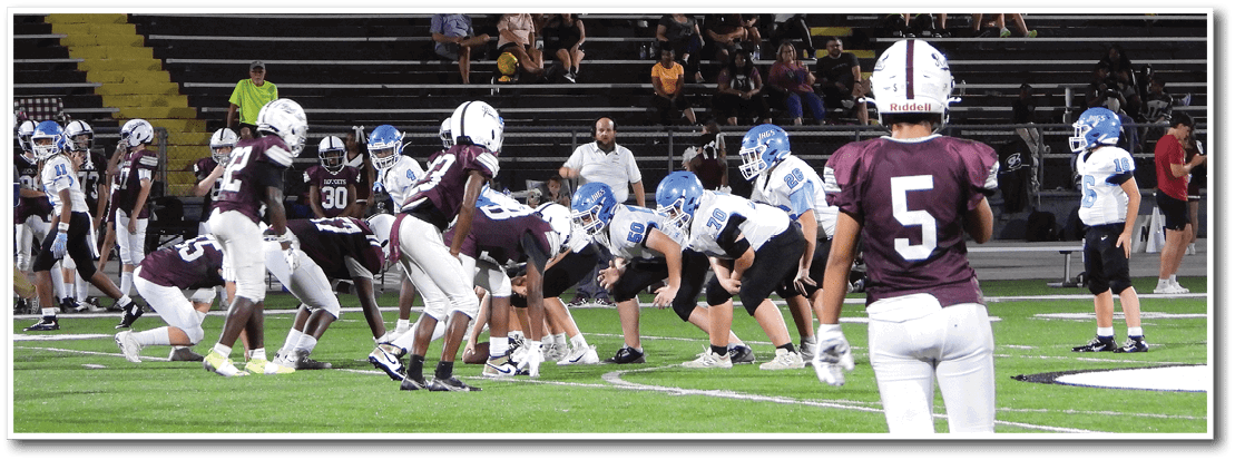 A group of people in football uniforms are lined up on a field preparing for a play with spectators seated in the bleachers behind them. Description generated by AI
