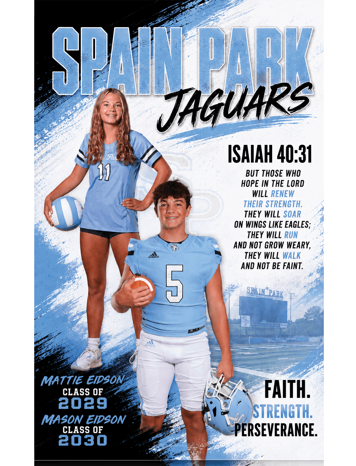 A football player and cheerleader pose for a poster advertising the Jaguars. AI generated content