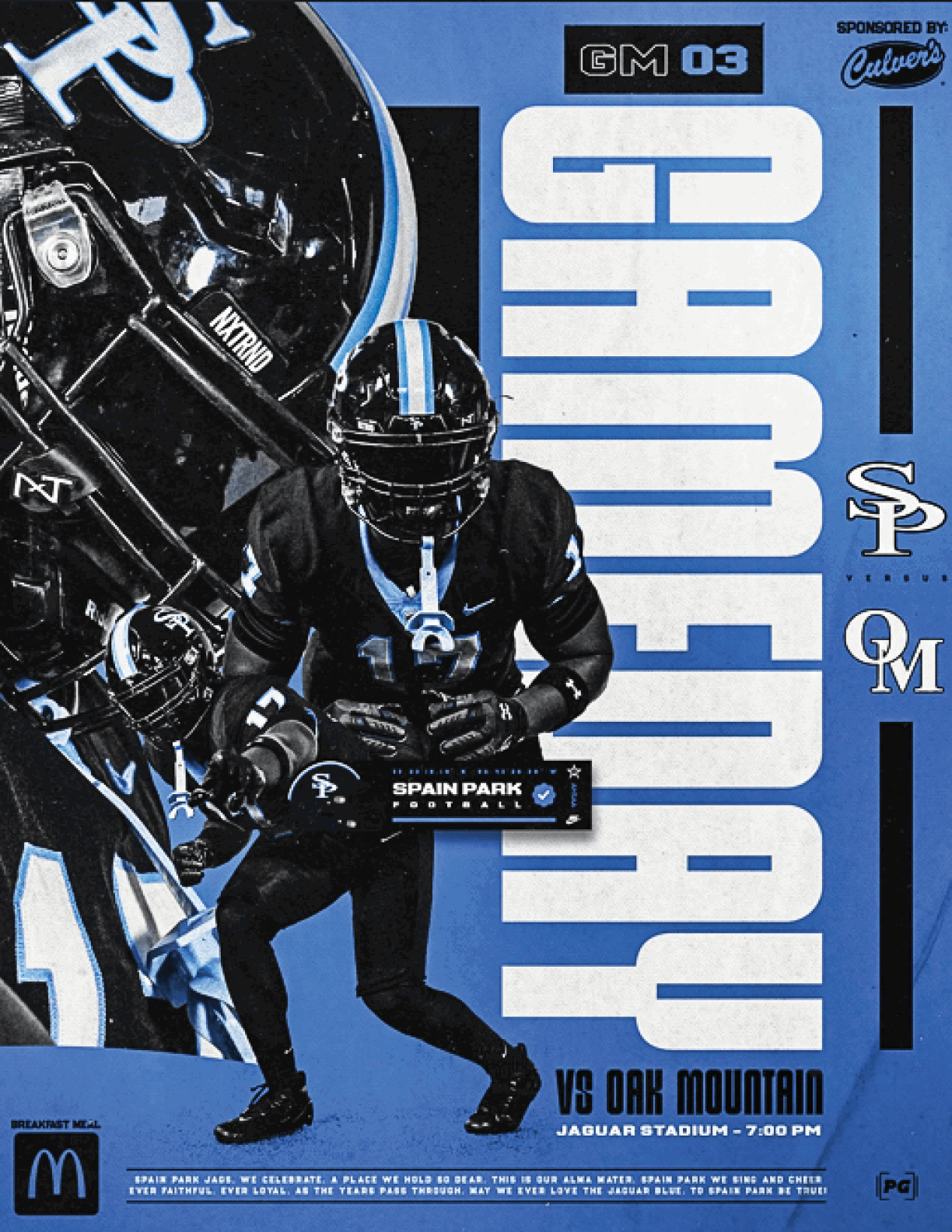 A football player is shown on a blue poster with the words “Gametime" written on it. AI generated content