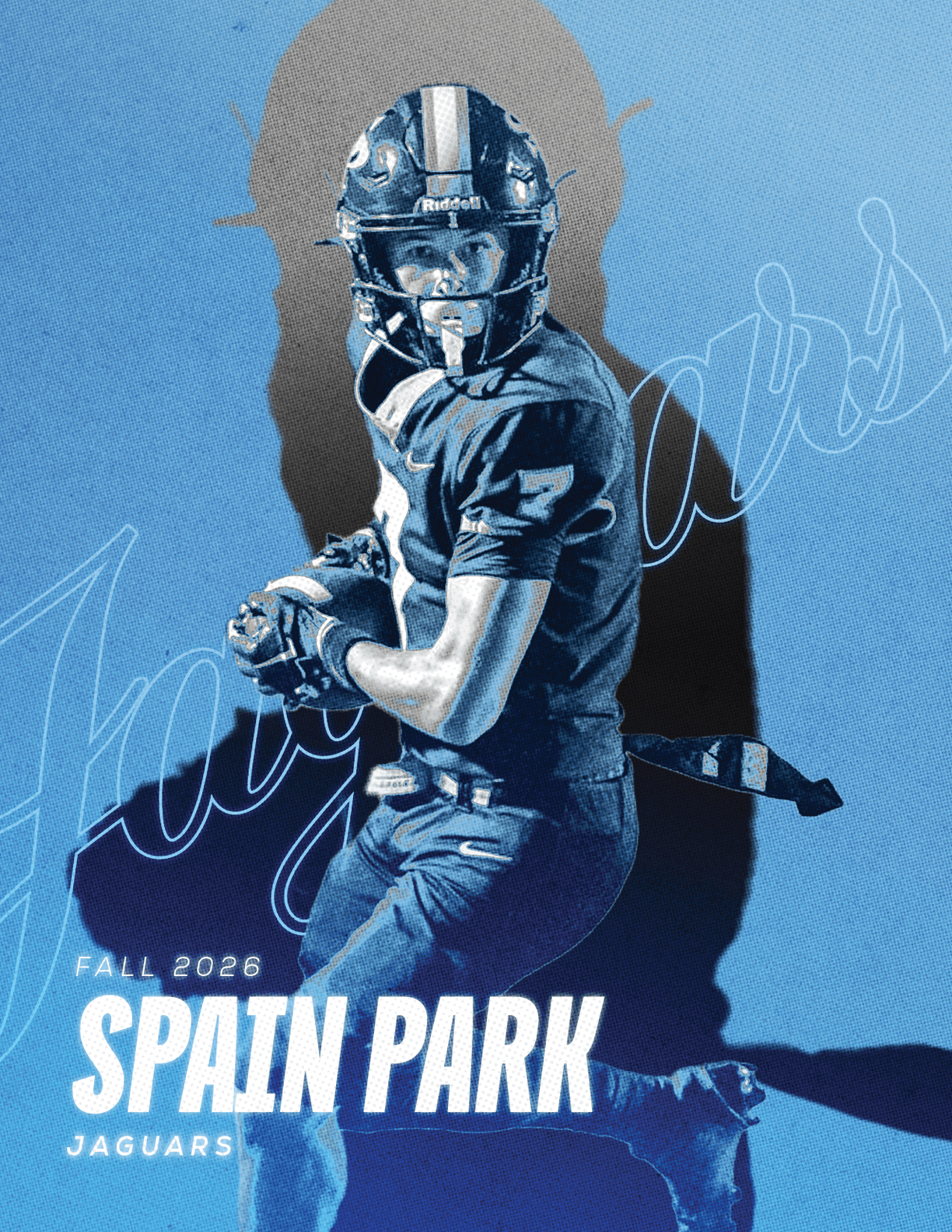A person in a football uniform and helmet is holding a football in a ready-to-throw position with the text “Fall 2025 Spain Park Jaguars" on a blue textured background. Description generated by AI