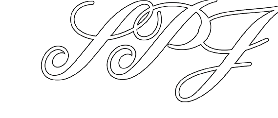 Elegant cursive letters “SPF" are displayed in a black outline on a white background. Description generated by AI