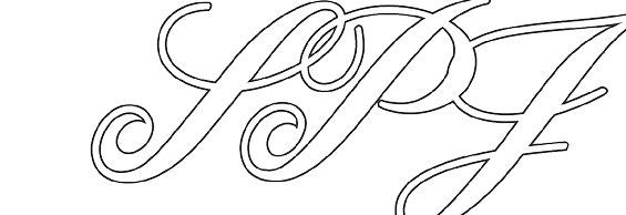 Elegant cursive letters “SPF" are displayed in a black outline on a white background. Description generated by AI