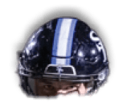 A person wearing a dark football helmet with a blue and white stripe down the center is visible from the forehead up. Description generated by AI