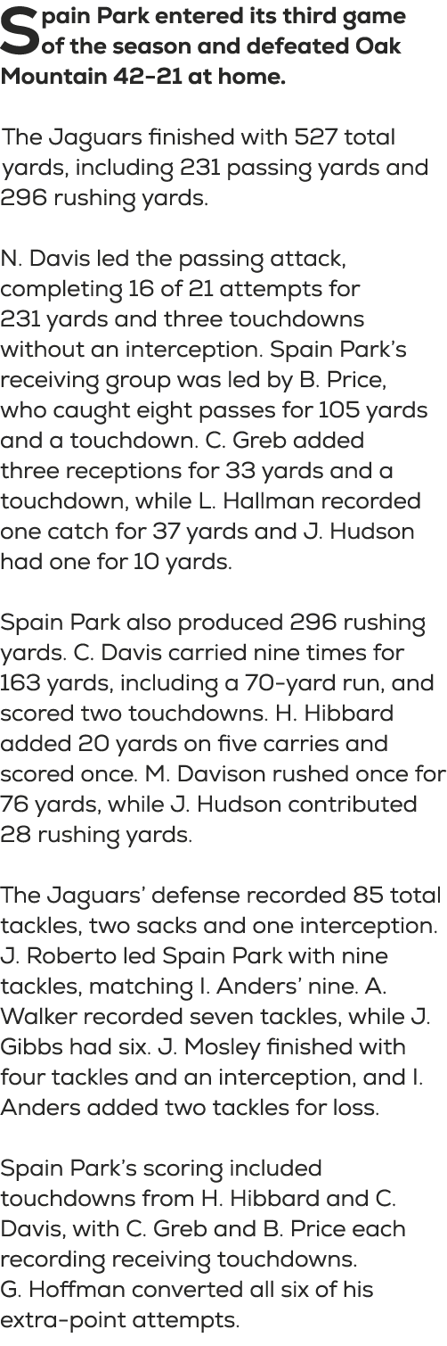 Spain Park entered its third game of the season and defeated Oak Mountain 42 21 at home. The Jaguars finished with 52...