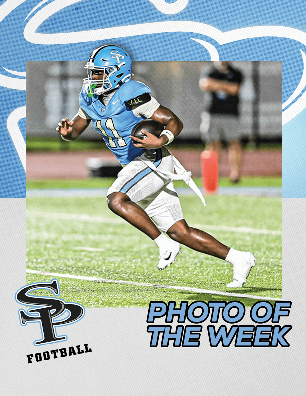 A person in a blue football uniform and helmet is running on a football field while holding a football, with the text “SP Football" and "Photo of the Week" displayed below. Description generated by AI