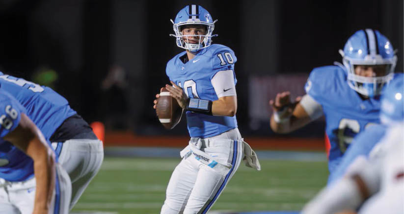 A person in a blue football uniform with the number 10 is holding a football and preparing to throw it on a field with other players around. Description generated by AI