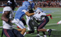 Several people in football uniforms are engaged in a tackle on a grassy field during a game. Description generated by AI