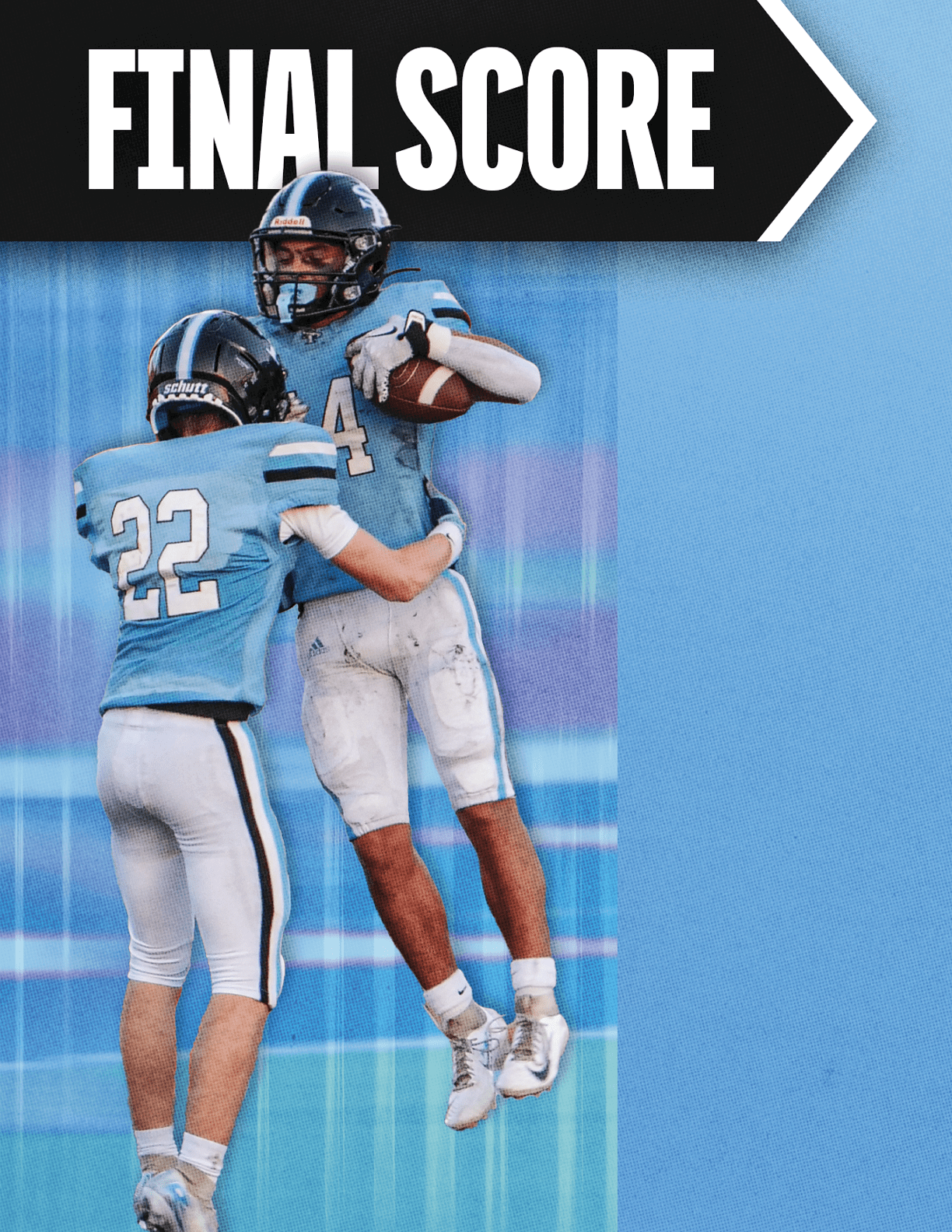 Two people in light blue football uniforms celebrate on a field with one person jumping while holding a football and the other reaching out to them under a banner that reads “FINAL SCORE." Description generated by AI