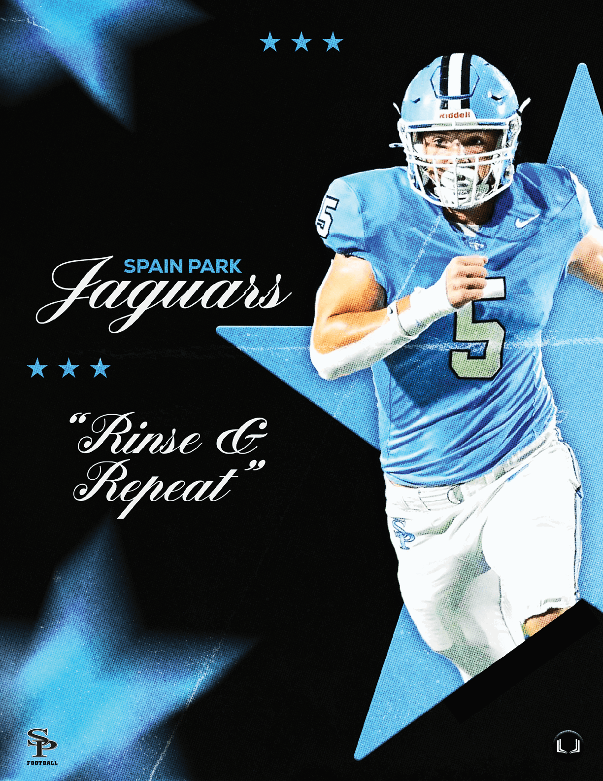A person in a blue football uniform with the number 5 is running with a determined expression against a background featuring blue stars and the text “Spain Park Jaguars" and "Rinse & Repeat." Description generated by AI