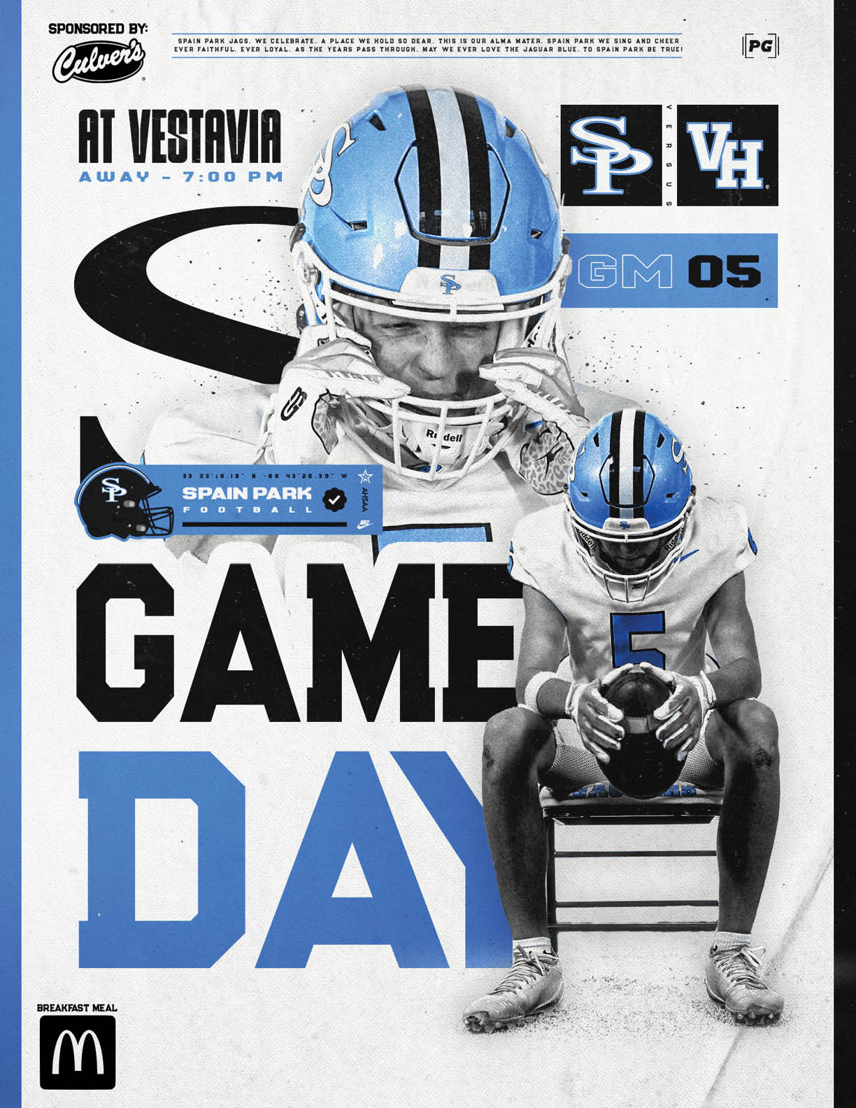 A sports poster features two people in blue and white football uniforms with helmets, promoting a game between Spain Park and Vestavia with bold text saying “Game Day." Description generated by AI
