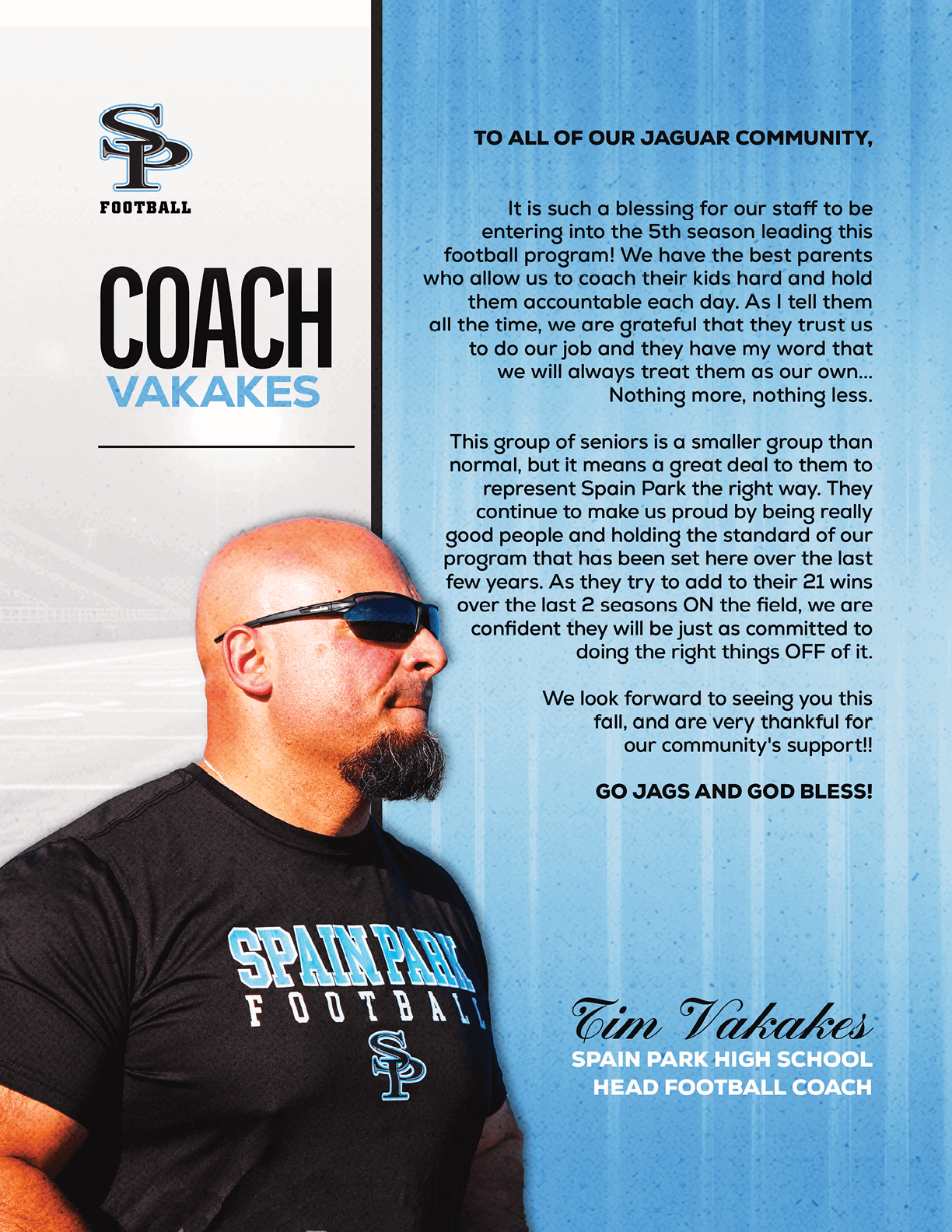 A football coach stands in front of a blue background with a slogan that reads “Coach Vakakes". AI generated content