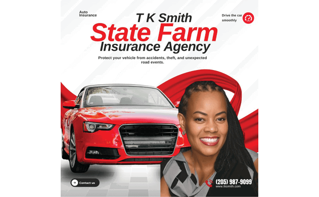 A promotional graphic for T K Smith State Farm Insurance Agency featuring a car and text about auto insurance and protecting vehicles from accidents, theft, and unexpected road events. Description generated by AI