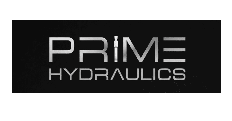 The logo features the word “PRIME" in large silver letters with a stylized letter "I" resembling a hydraulic component, and "HYDRAULICS" in smaller silver letters below on a black background. Description generated by AI