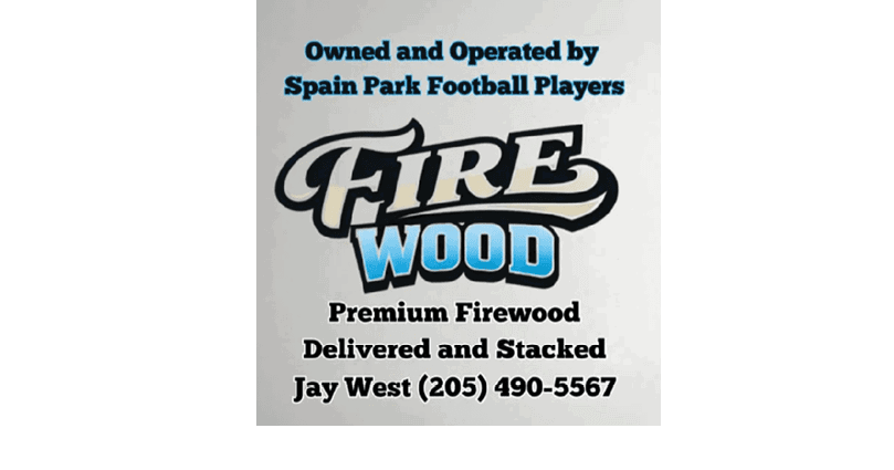 A promotional sign for premium firewood owned and operated by Spain Park Football Players with bold stylized text. Description generated by AI