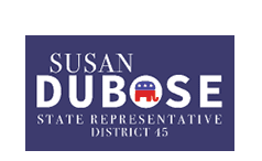A blue and white political advertisement featuring a woman's name and a picture of the American flag. AI generated content