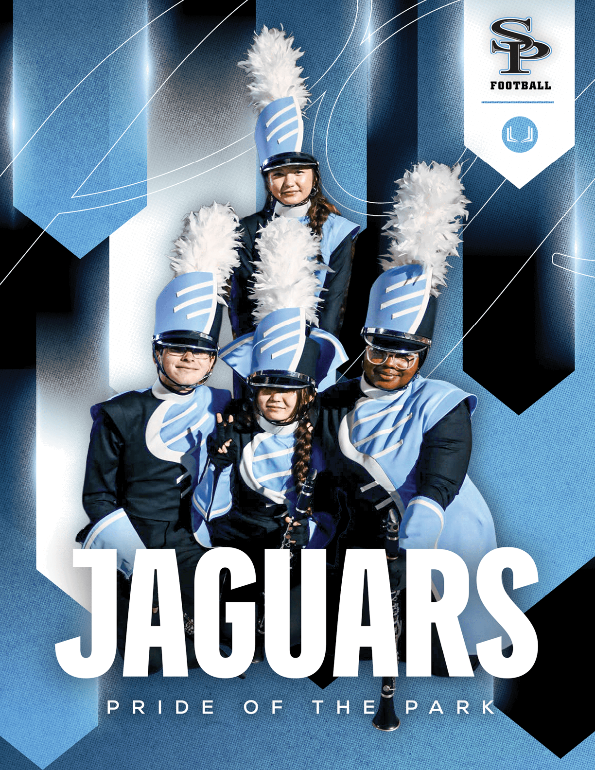 Four people in blue and black marching band uniforms with tall white plumes on their hats pose together in front of a blue and black geometric background with the word Jaguars and the phrase Pride of the Park. Description generated by AI