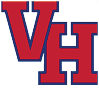 The letters VH are displayed in bold red with a dark blue outline in a collegiate block style font. Description generated by AI