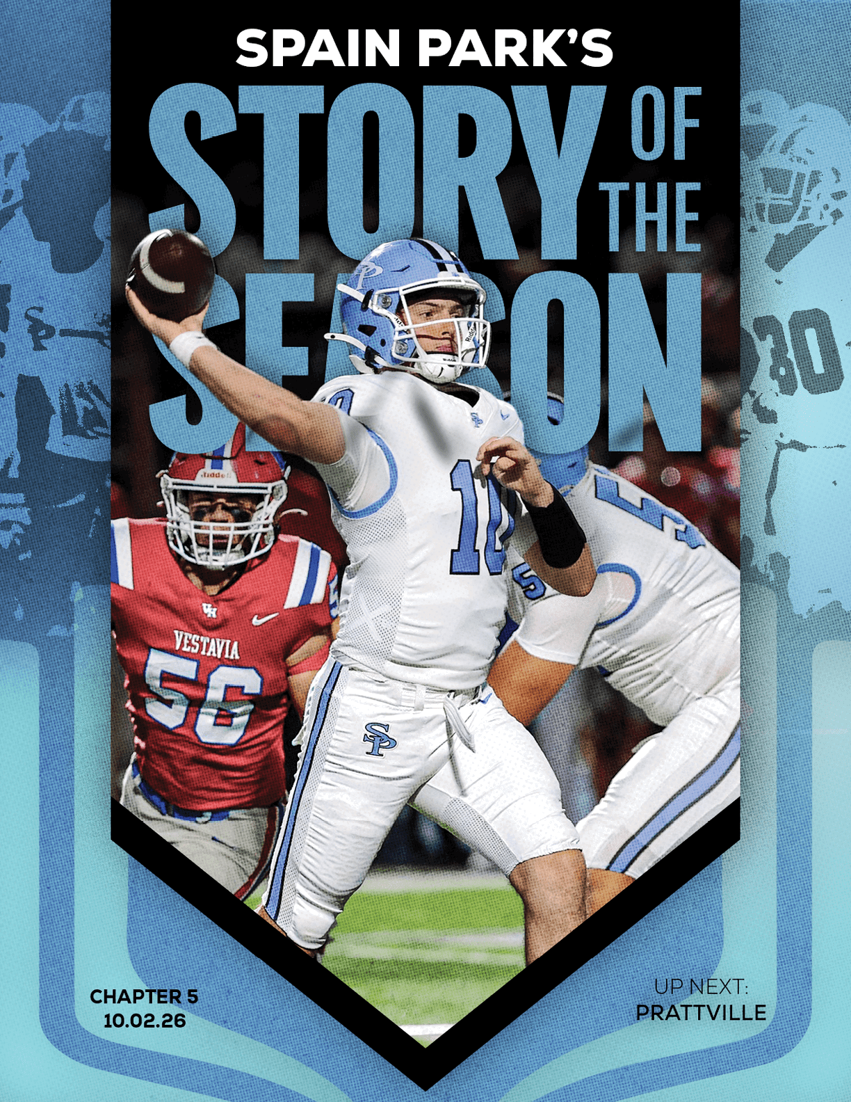 A football player in a white and blue uniform is preparing to throw a football while a player in a red and blue uniform attempts to block. Description generated by AI