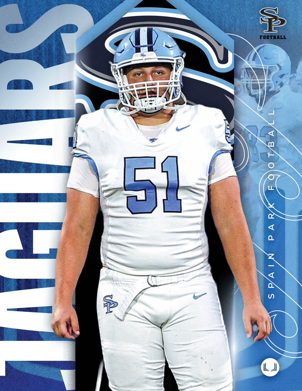 A person wearing a white football uniform with the number 51 and a blue helmet stands in front of a blue and black background with the word “TACHIARS" and "SPAIN PARK FOOTBALL" text. Description generated by AI