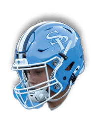 A person wearing a blue football helmet with white faceguard and a logo featuring the letters “CR" is looking downward. Description generated by AI