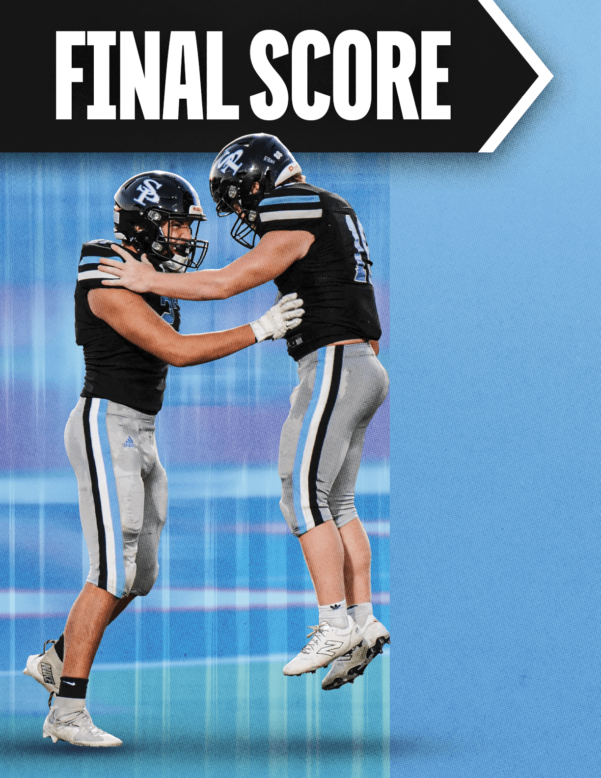 Two people in football uniforms celebrating with a mid-air chest bump on a field under a banner that reads “FINAL SCORE." Description generated by AI