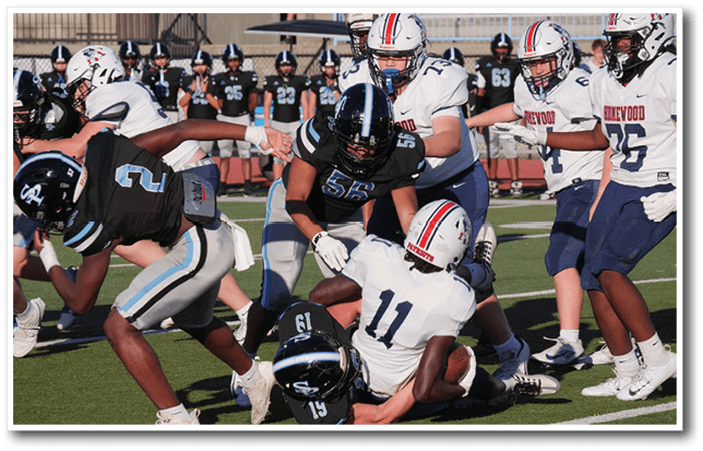 Several people in football uniforms are engaged in a tackle on a grassy field during a game. Description generated by AI