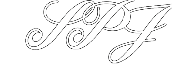 Elegant cursive letters “SPF" are displayed in a black outline on a white background. Description generated by AI