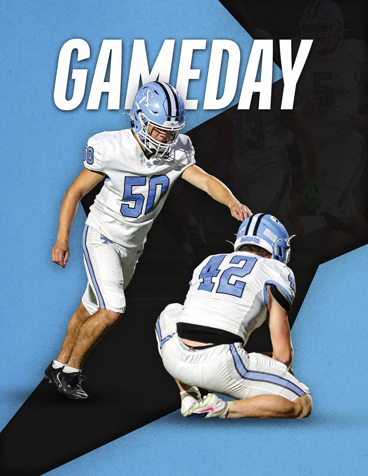 Two football players in white and blue uniforms are preparing for a play with one holding the ball on the ground and the other ready to kick it under the word “GAMEDAY." Description generated by AI