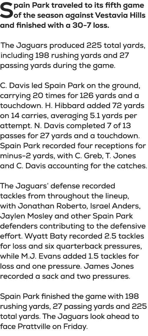 Spain Park traveled to its fifth game of the season against Vestavia Hills and finished with a 30 7 loss. The Jaguars...