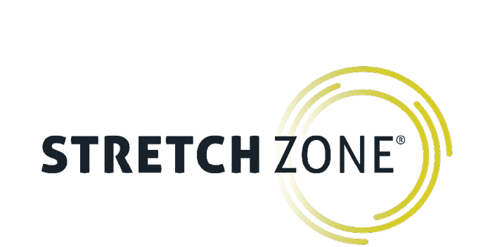 The logo features the words “STRETCH ZONE" with "STRETCH" in bold black letters and "ZONE" in regular black letters, accompanied by a series of concentric yellow-green circular lines on the right side. Description generated by AI