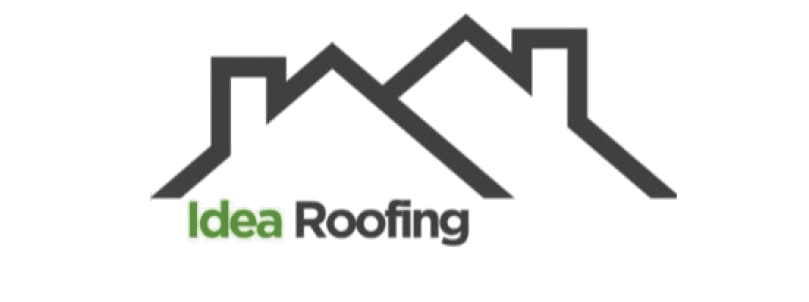 A logo featuring two stylized overlapping house rooftops in black with the words “Idea Roofing" below, where "Idea" is in green and "Roofing" is in black. Description generated by AI