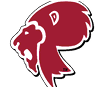 A stylized maroon lion head facing left with a white outline and black shadow. Description generated by AI