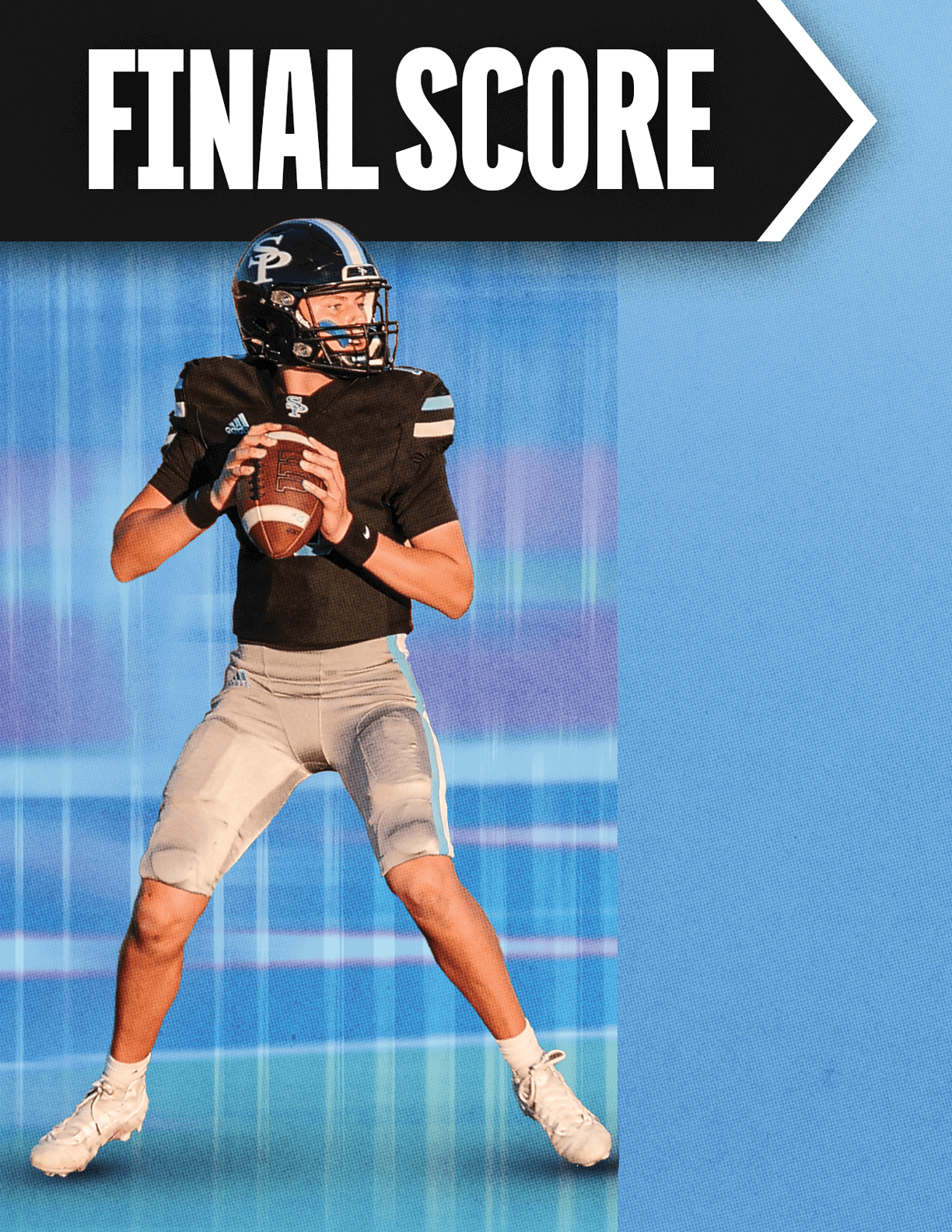 An adult wearing a black football uniform and helmet is holding a football in a ready-to-throw position on a blue field with a “FINAL SCORE" banner above. Description generated by AI