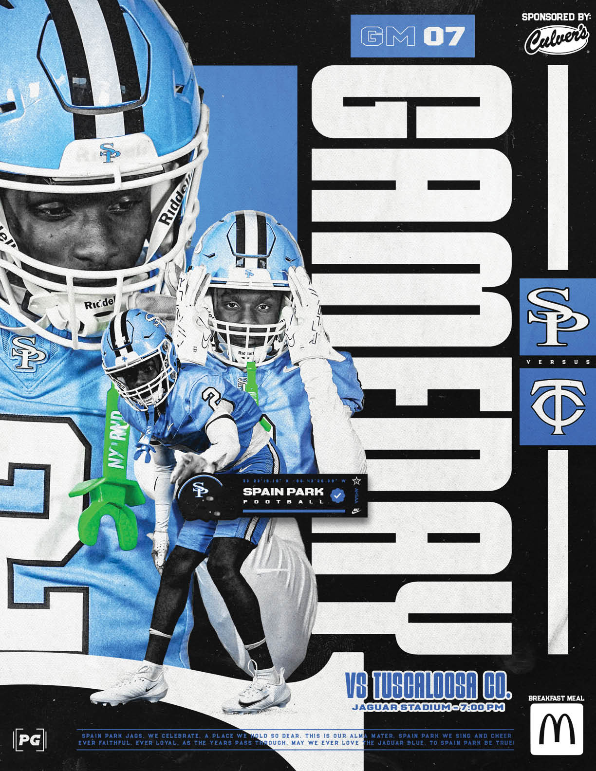 A sports graphic featuring a person in a blue and white football uniform with helmet, gloves, and cleats, with large text reading “GAMEDAY" and details about a game between Spain Park and Tuscaloosa County Jaguars at 7:00 PM, sponsored by Culver's and McDonald's. Description generated by AI
