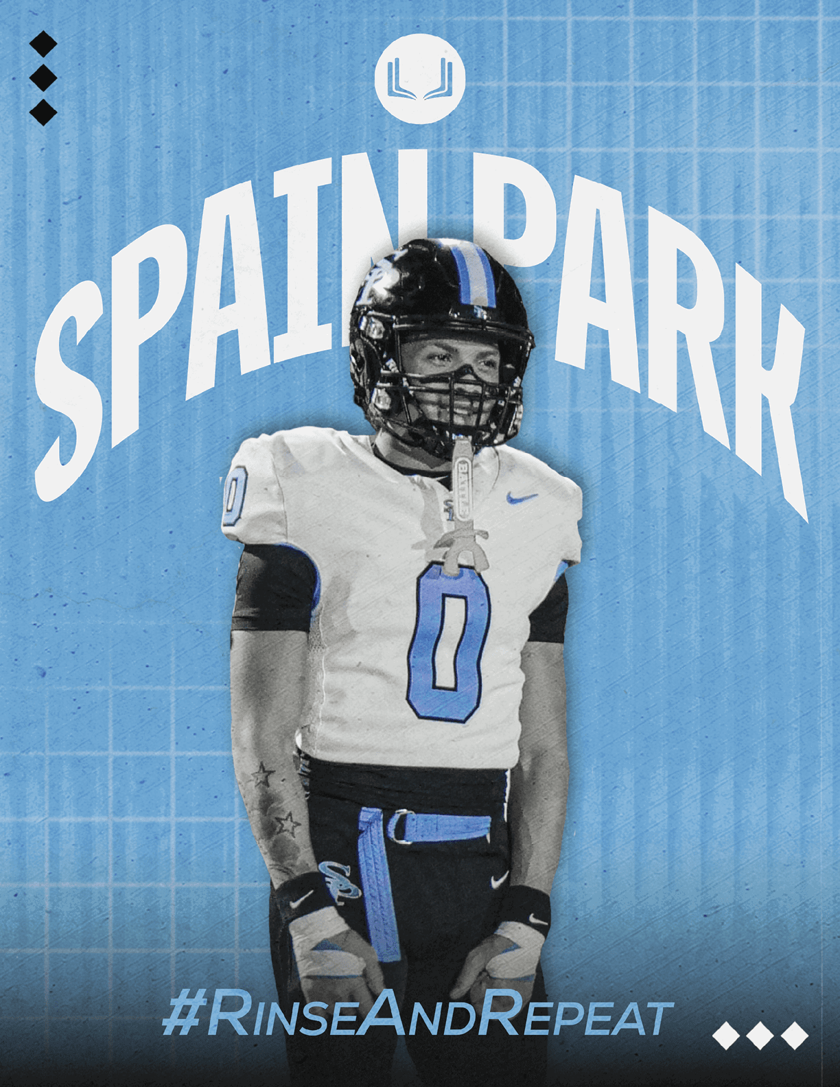 A person wearing a football uniform with the number zero stands in front of a blue background with the text Spain Park and the hashtag #RinseAndRepeat. Description generated by AI