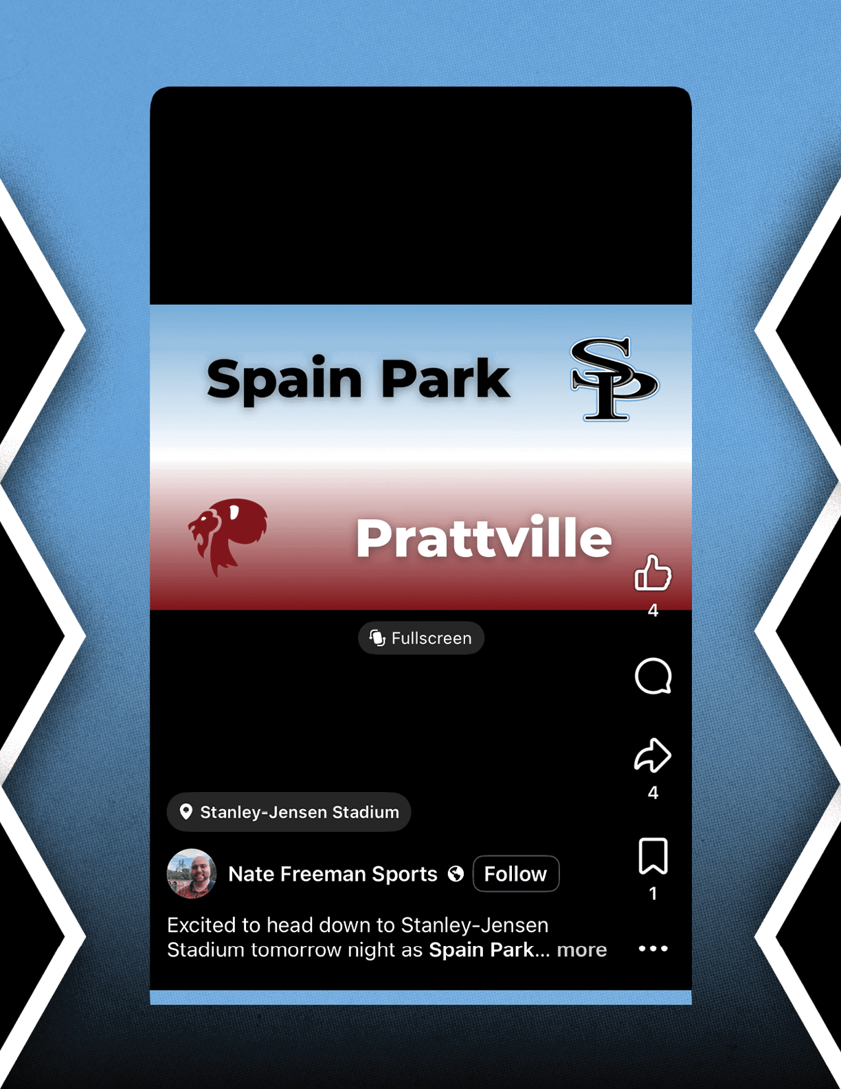 A social media post with a gradient background featuring the text Spain Park and Prattville along with a location tag for Stanley-Jensen Stadium and a comment about heading there tomorrow night. Description generated by AI