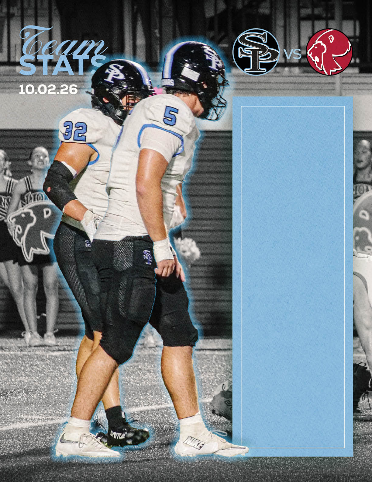 Two people in football uniforms stand on a field with a scoreboard graphic showing a game between teams represented by logos and the date 10.02.26. Description generated by AI