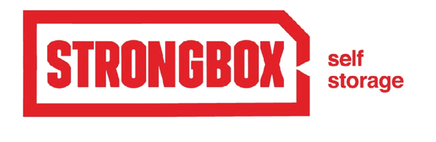 The logo features the word STRONGBOX in bold red letters inside a red outlined box with the words self storage in smaller red text to the right. Description generated by AI