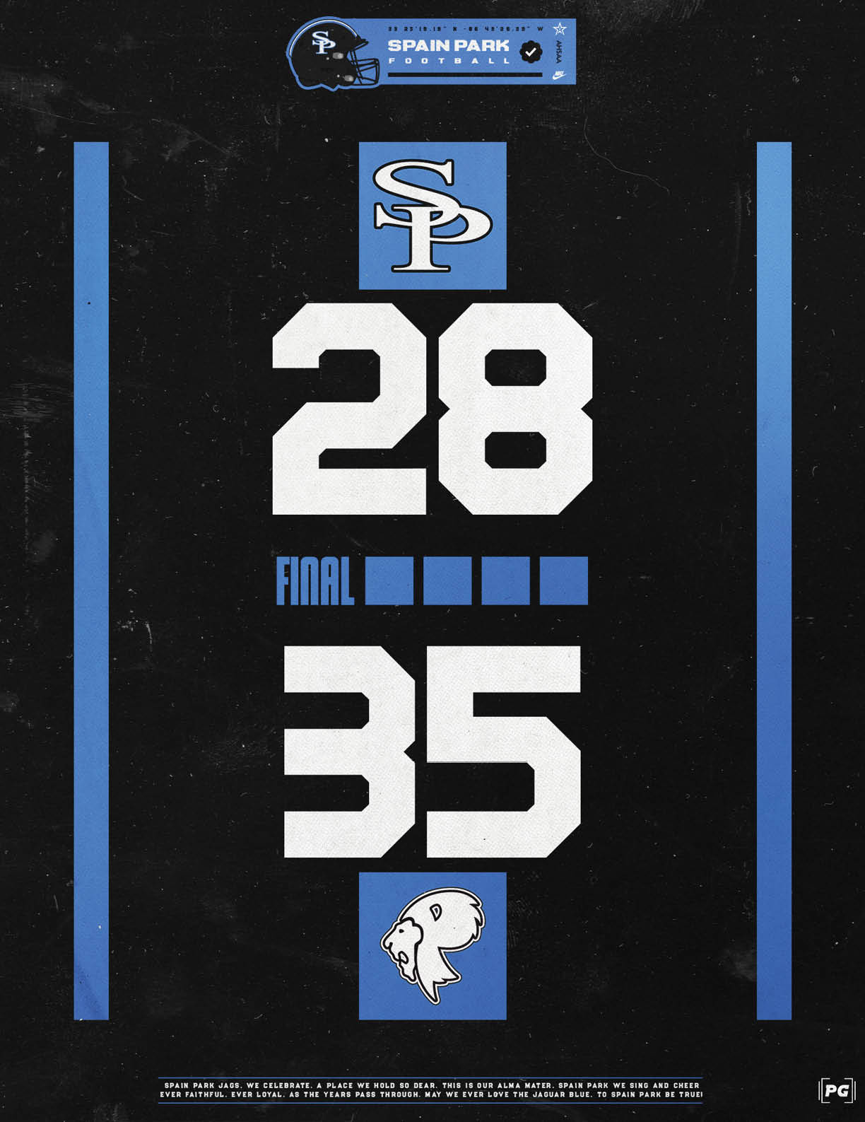 A sports scoreboard graphic shows the final score with Spain Park at 28 and an opposing team with a bird logo at 35, styled in bold white and blue text on a black background. Description generated by AI