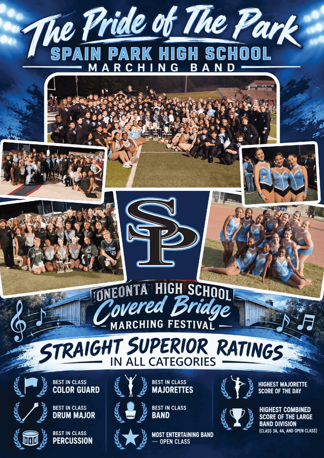 A vibrant collage showcases a high school marching band and majorette team in various group poses on a field and track, celebrating their superior ratings and achievements at a marching festival with a central logo and musical notes. Description generated by AI
