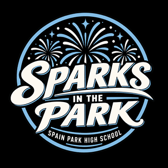 A circular logo with fireworks in the background and the text Sparks in the Park Spain Park High School in bold stylized letters. Description generated by AI