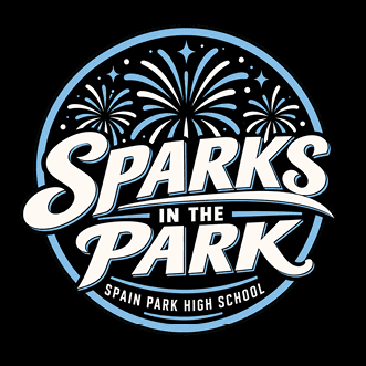 A circular logo with fireworks in the background and the text Sparks in the Park Spain Park High School in bold stylized letters. Description generated by AI