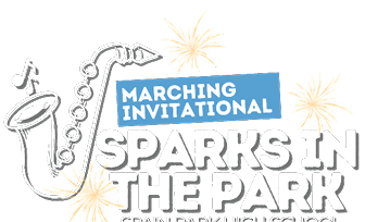 A festive graphic featuring a saxophone, musical notes, and fireworks with the text “Marching Invitational Sparks in the Park Spain Park High School." Description generated by AI