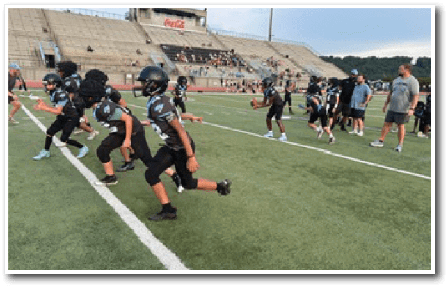People in football uniforms are lined up on a field preparing to start a play while coaches and others stand nearby on the sidelines. Description generated by AI
